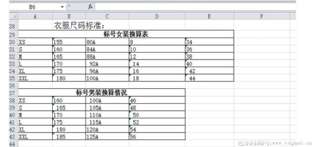 服装尺码换算参照表