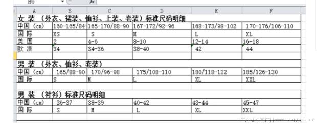 服装尺码换算参照表